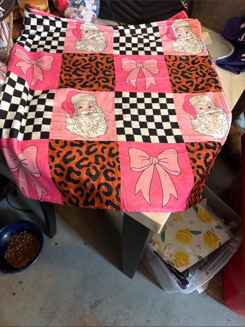 BAMBOO Pink Checkerboard Santa & Leopard Patchwork Throw
